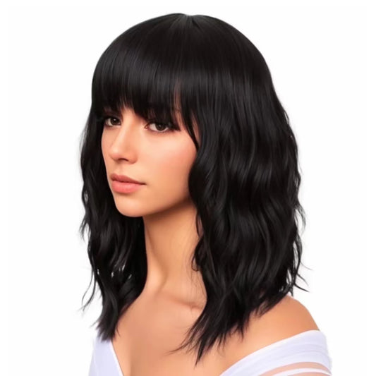 12" Short Bob Wigs for Black Women Water Wavy Wig Synthetic Black Wig with Bangs