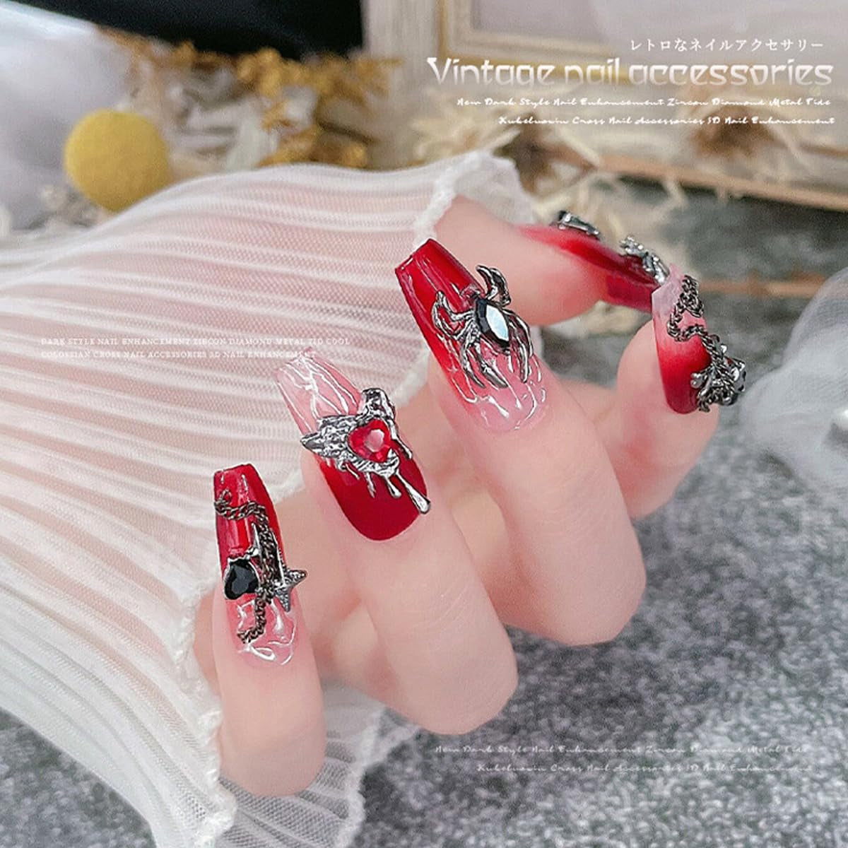 Halloween Nail Charms 22PCS 3D Alloy Spider Skull Halloween Nail Art Charms Vintage Gothic Retro Nail Art Supplies Dark Black Cross Moon Heart Nail Gems and Rhinestones Nail Accessories for Women