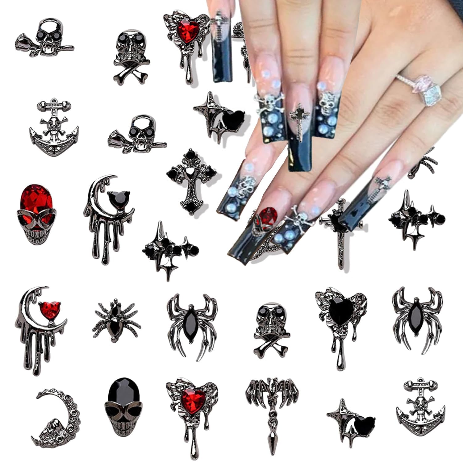 Halloween Nail Charms 22PCS 3D Alloy Spider Skull Halloween Nail Art Charms Vintage Gothic Retro Nail Art Supplies Dark Black Cross Moon Heart Nail Gems and Rhinestones Nail Accessories for Women
