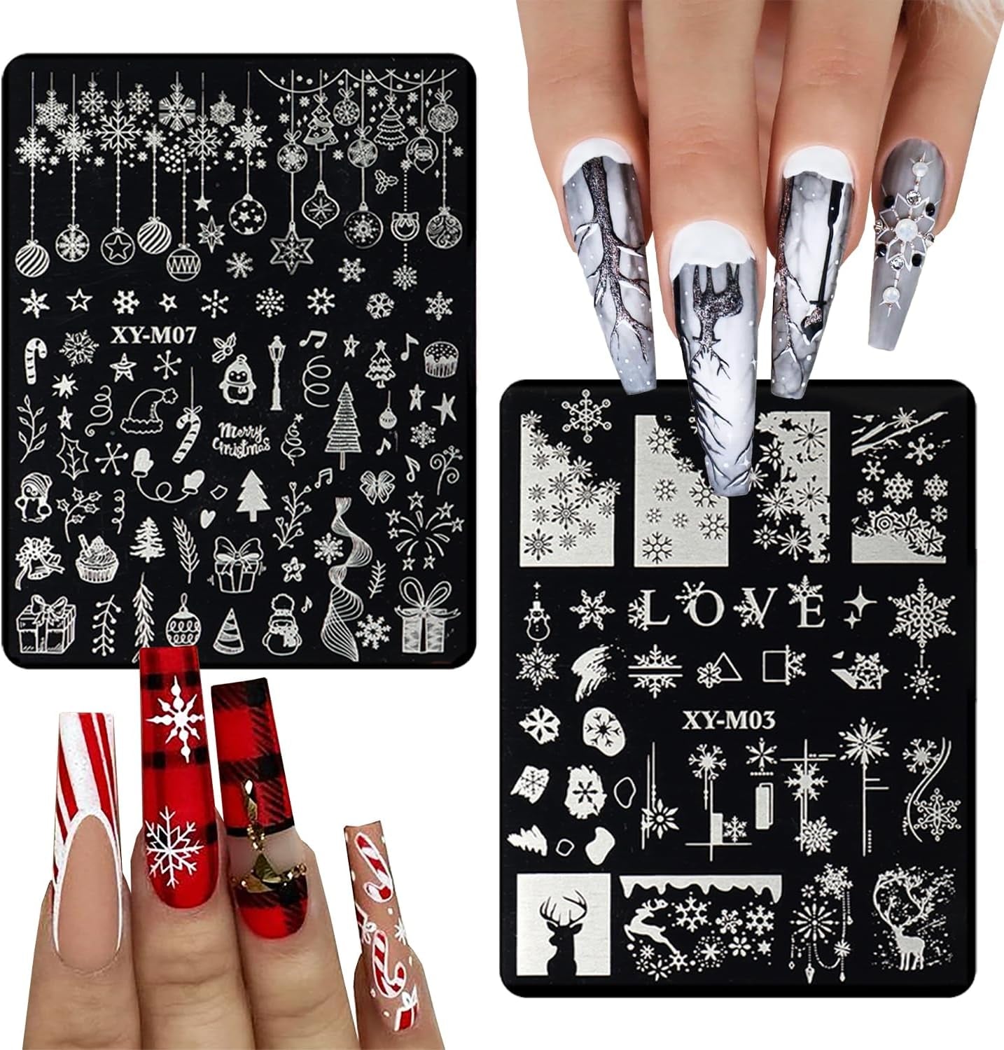 6Pcs Christmas Stamping Plates Set Winter Nail Stamp Kit Xmas Art Image Plates with Snowflakes Tree Bell Snowman Elk Designs DIY Stainless Steel Polish Template
