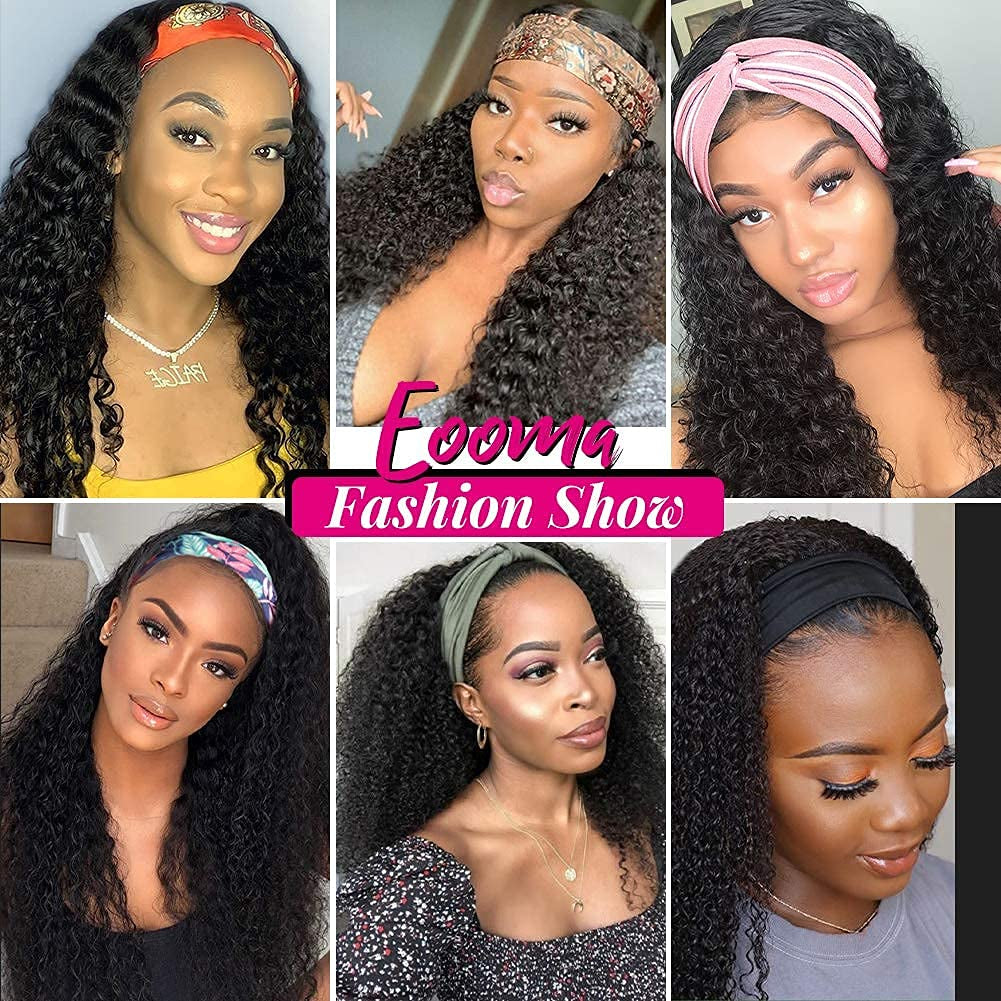 Glueless Wigs Human Hair Curly Headband Wig for Black Women (20 Inch) Brazilian Remy Hair Curly None Lace Front Wigs Human Hair Scarf No Gel Wigs