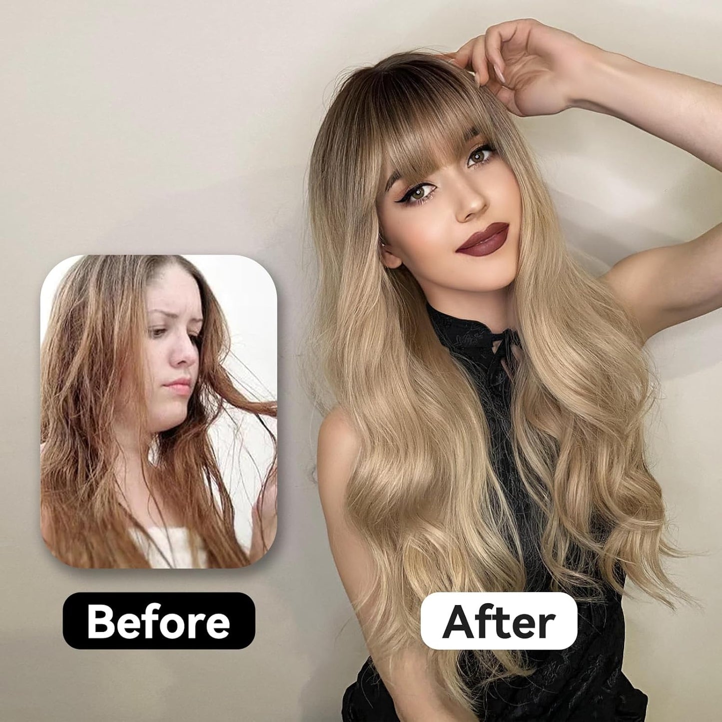 Long Wavy Blonde Wig with Bangs - 26 Inch Long Wavy Blonde Wig with Bangs for Women - Natural Looking Heat Resistant Synthetic Wig for Daily Party Use