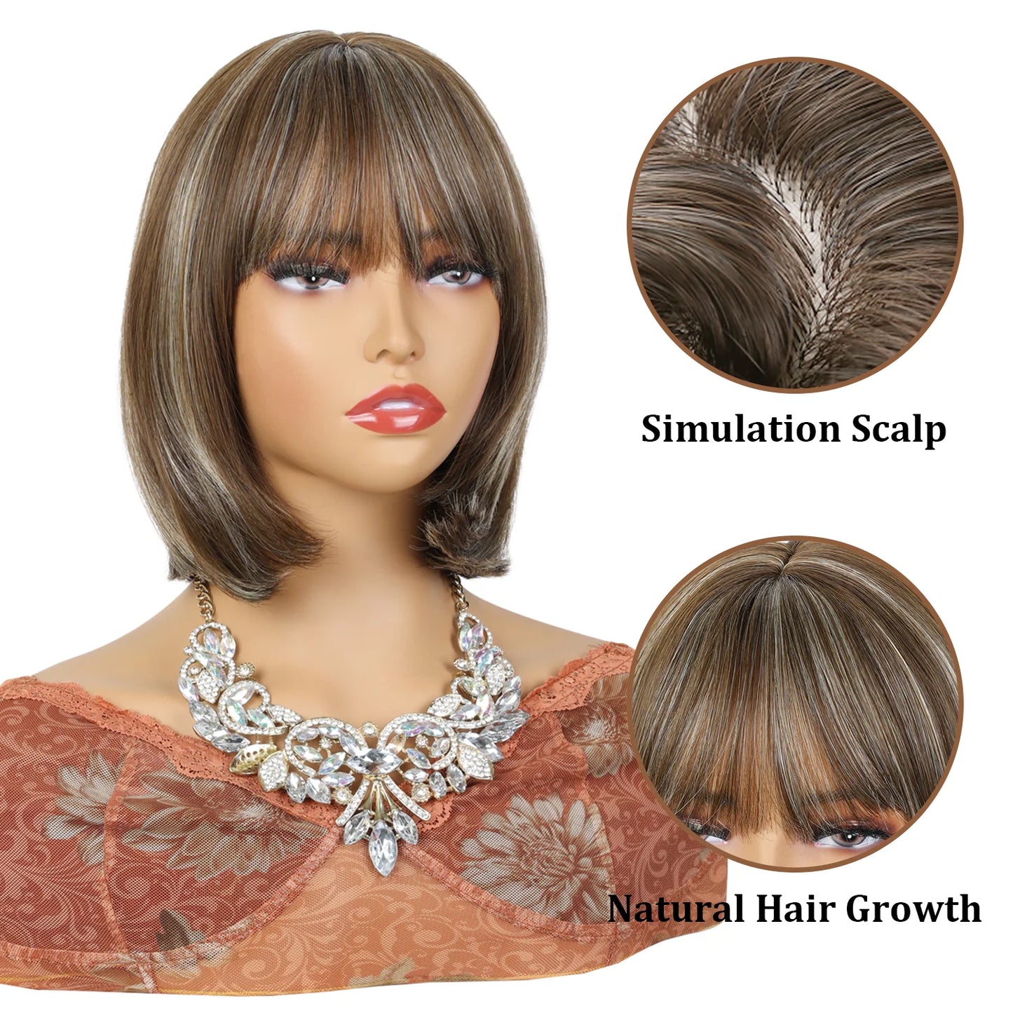 10Inch Short Brown Bob Wig with Bangs Highlight Blonde Short Wigs for Women