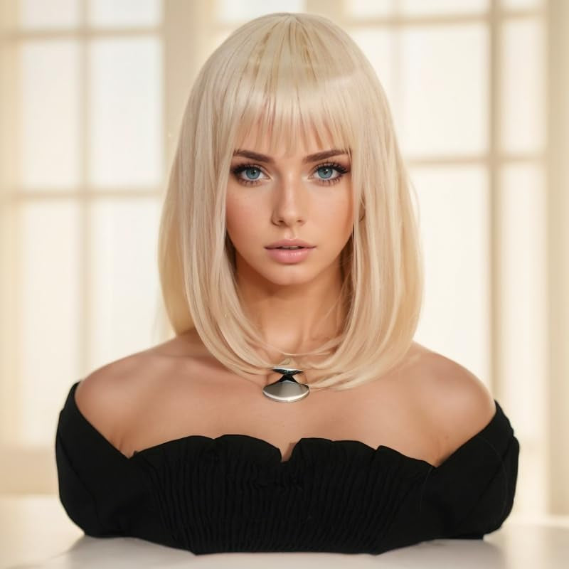 Short Blond Wig with Bangs 15Inch Straight Hair Natural Synthetic Bob Wig for Women (15Inch, Blond)