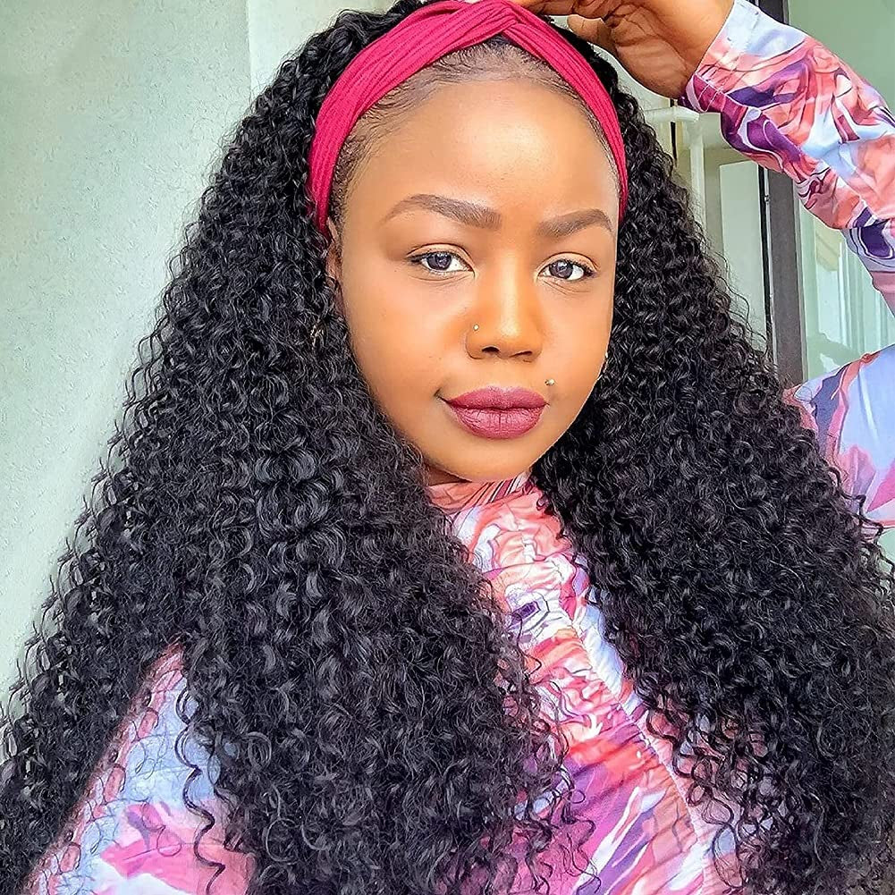 Glueless Wigs Human Hair Curly Headband Wig for Black Women (20 Inch) Brazilian Remy Hair Curly None Lace Front Wigs Human Hair Scarf No Gel Wigs