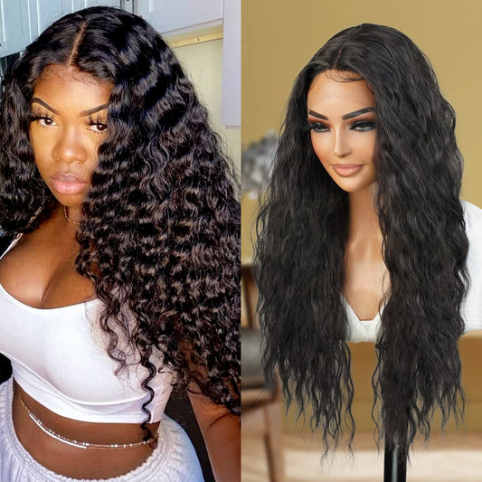 26 Inch Long Wavy Loose Deep Wave Swiss Lace Front Wig Middle Center Part Realistic Hairline for Black Women Heat Resistant Synthetic Wig DPL004 (1B-Off Black)