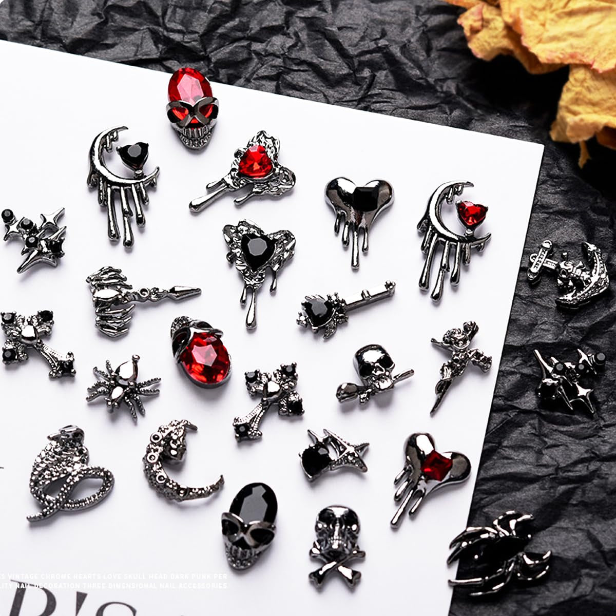 Halloween Nail Charms 22PCS 3D Alloy Spider Skull Halloween Nail Art Charms Vintage Gothic Retro Nail Art Supplies Dark Black Cross Moon Heart Nail Gems and Rhinestones Nail Accessories for Women
