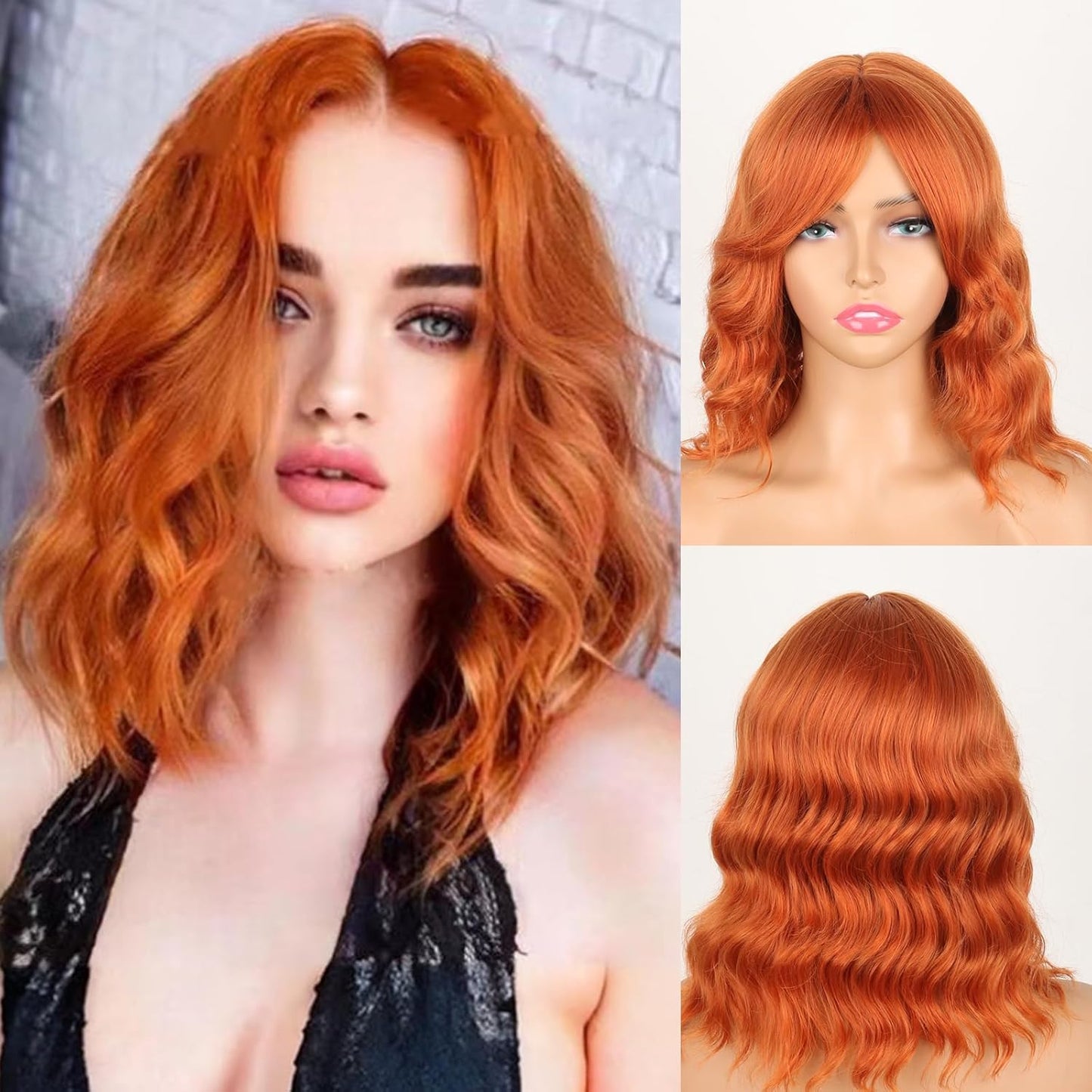 Dark Brown Wavy Bob Wig Natural Brown Curly Bob Wig with Curtain Bangs for Black Women,Synthetic Short Curly with Bangs Wavy Shoulder Length Hair for Daily Use 4#