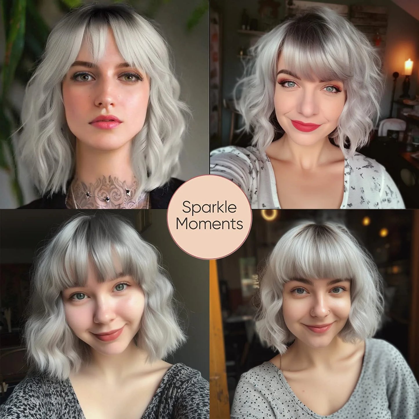 Curly Bob Wig for Women 12Inch Silver Grey Wig with Bangs