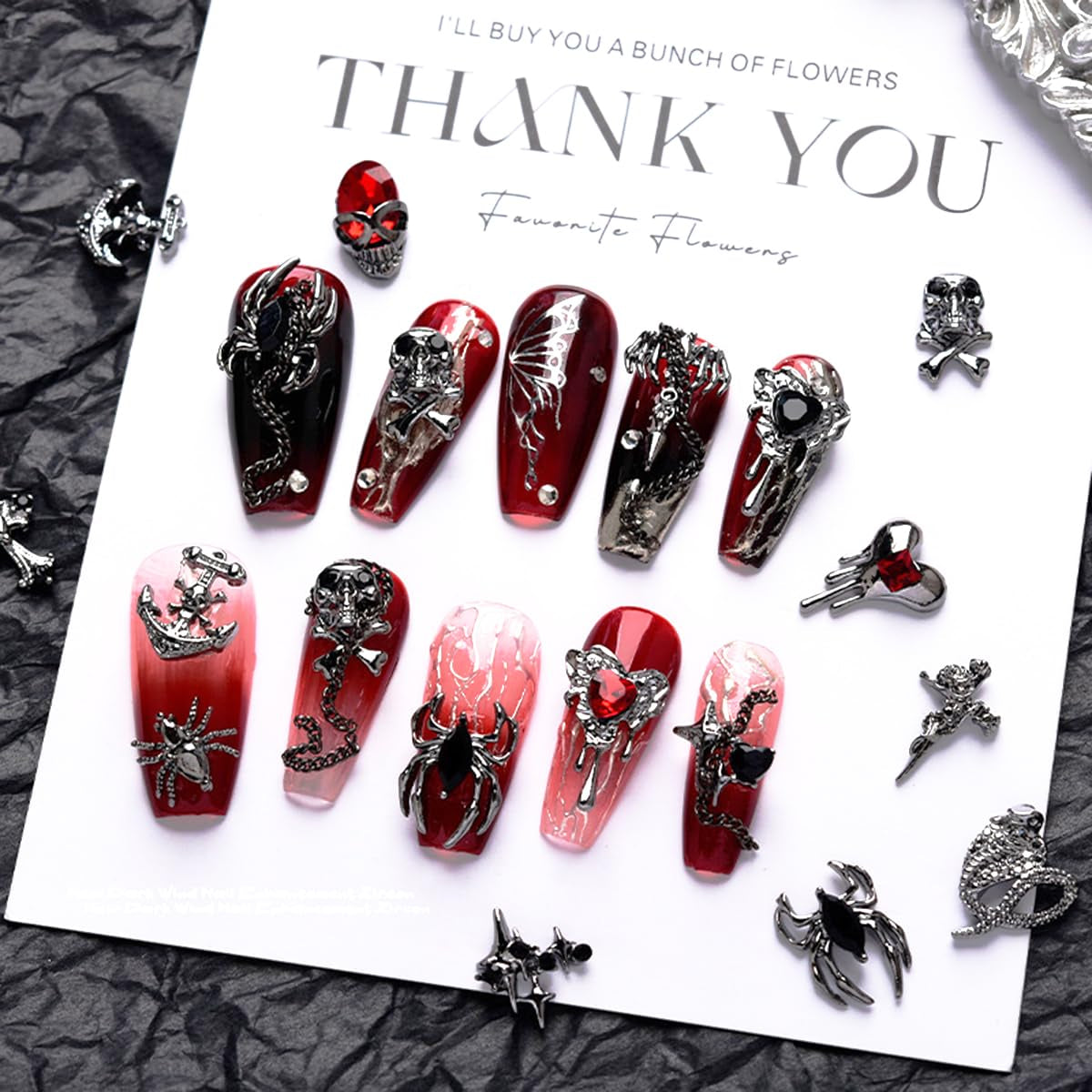 Halloween Nail Charms 22PCS 3D Alloy Spider Skull Halloween Nail Art Charms Vintage Gothic Retro Nail Art Supplies Dark Black Cross Moon Heart Nail Gems and Rhinestones Nail Accessories for Women
