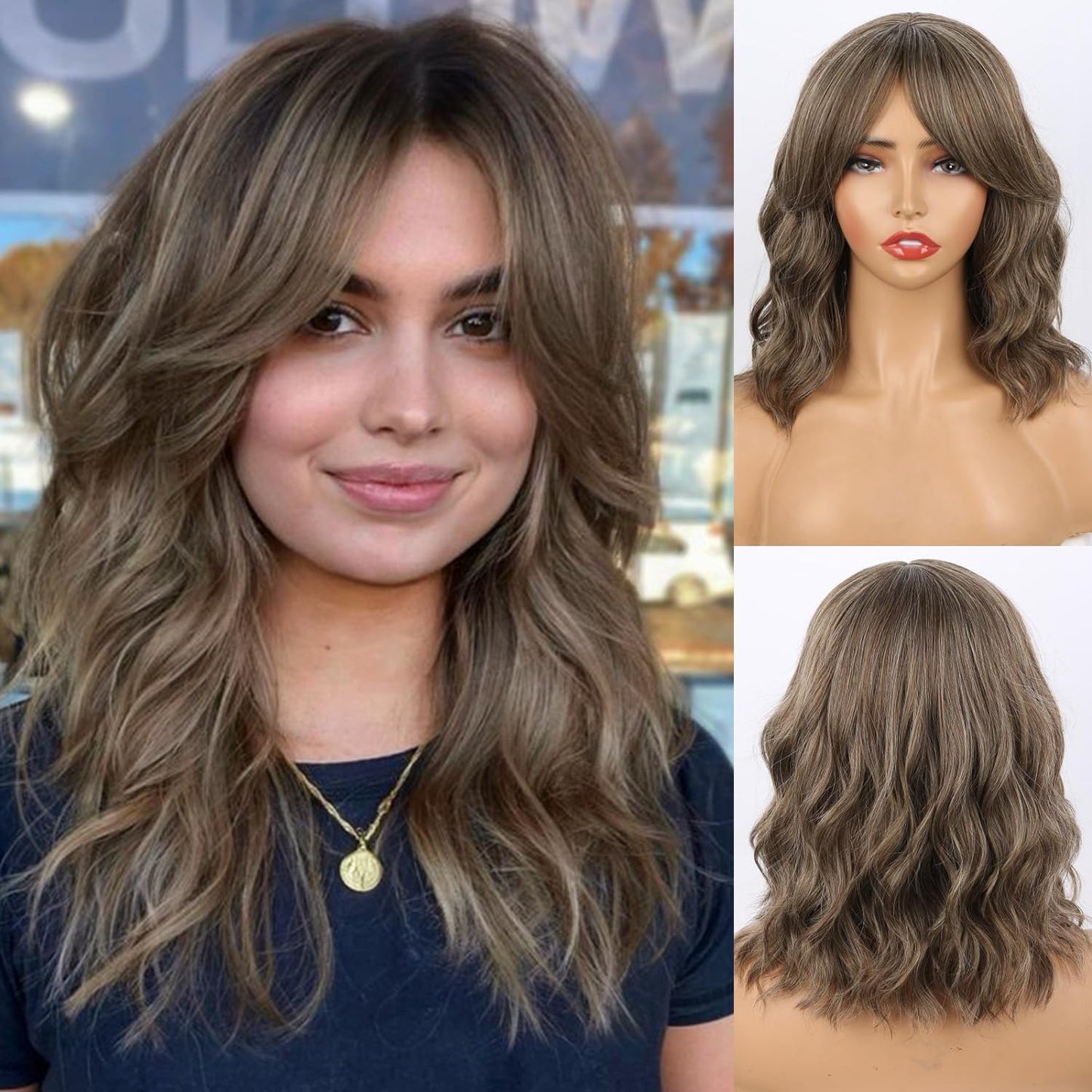 Dark Brown Wavy Bob Wig Natural Brown Curly Bob Wig with Curtain Bangs for Black Women,Synthetic Short Curly with Bangs Wavy Shoulder Length Hair for Daily Use 4#