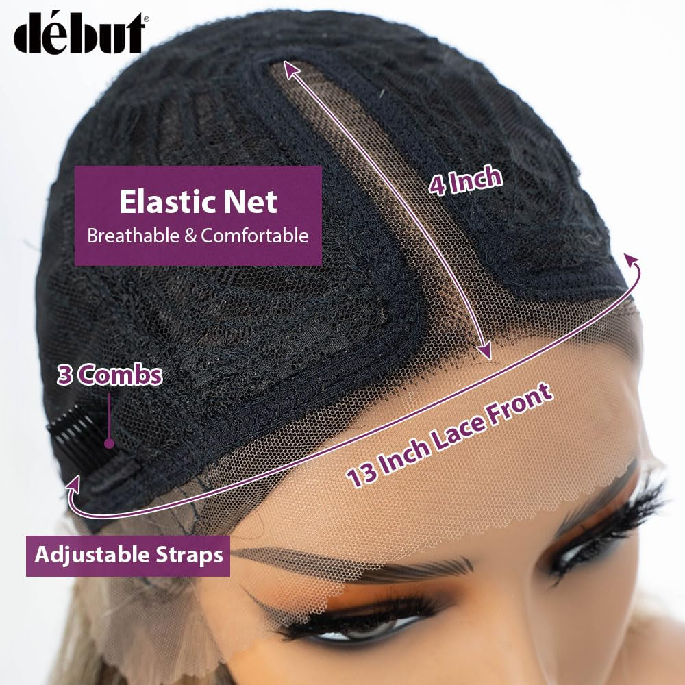 Highlight Ombre Brown Dirty Blonde Layered Wigs with Curtain Bangs, Synthetic Lace Front Wigs with Bangs, Long Straight Middle Part HD Lace Wig with Natural Hairline 26 Inches Wigs for Women