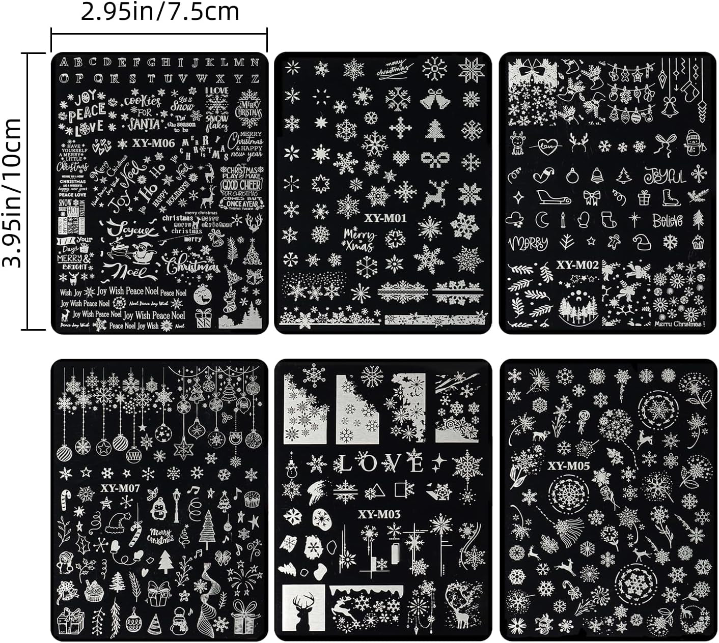 6Pcs Christmas Stamping Plates Set Winter Nail Stamp Kit Xmas Art Image Plates with Snowflakes Tree Bell Snowman Elk Designs DIY Stainless Steel Polish Template