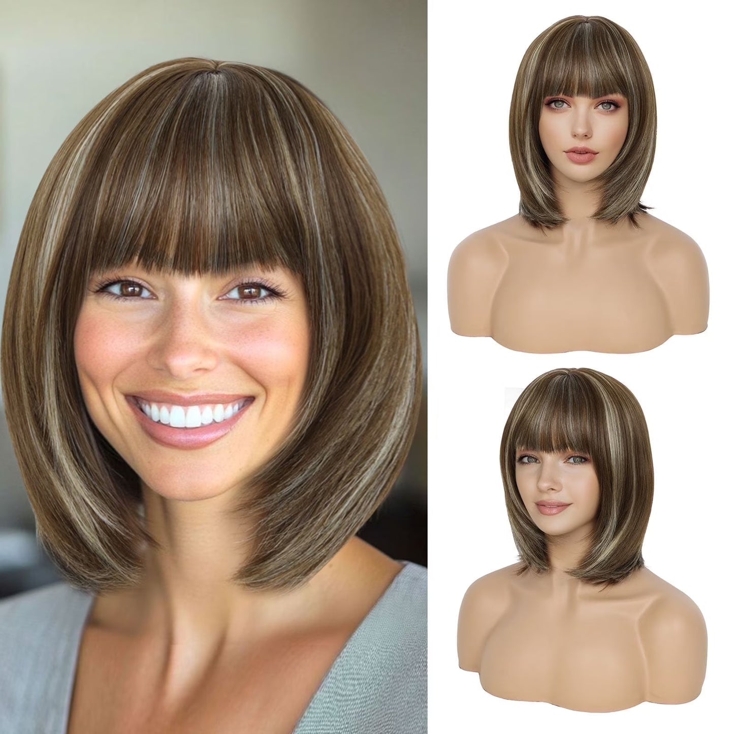 10Inch Short Brown Bob Wig with Bangs Highlight Blonde Short Wigs for Women