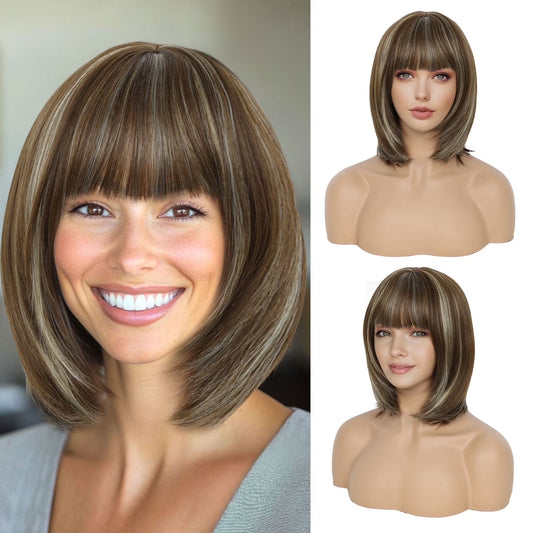 10Inch Short Brown Bob Wig with Bangs Highlight Blonde Short Wigs for Women