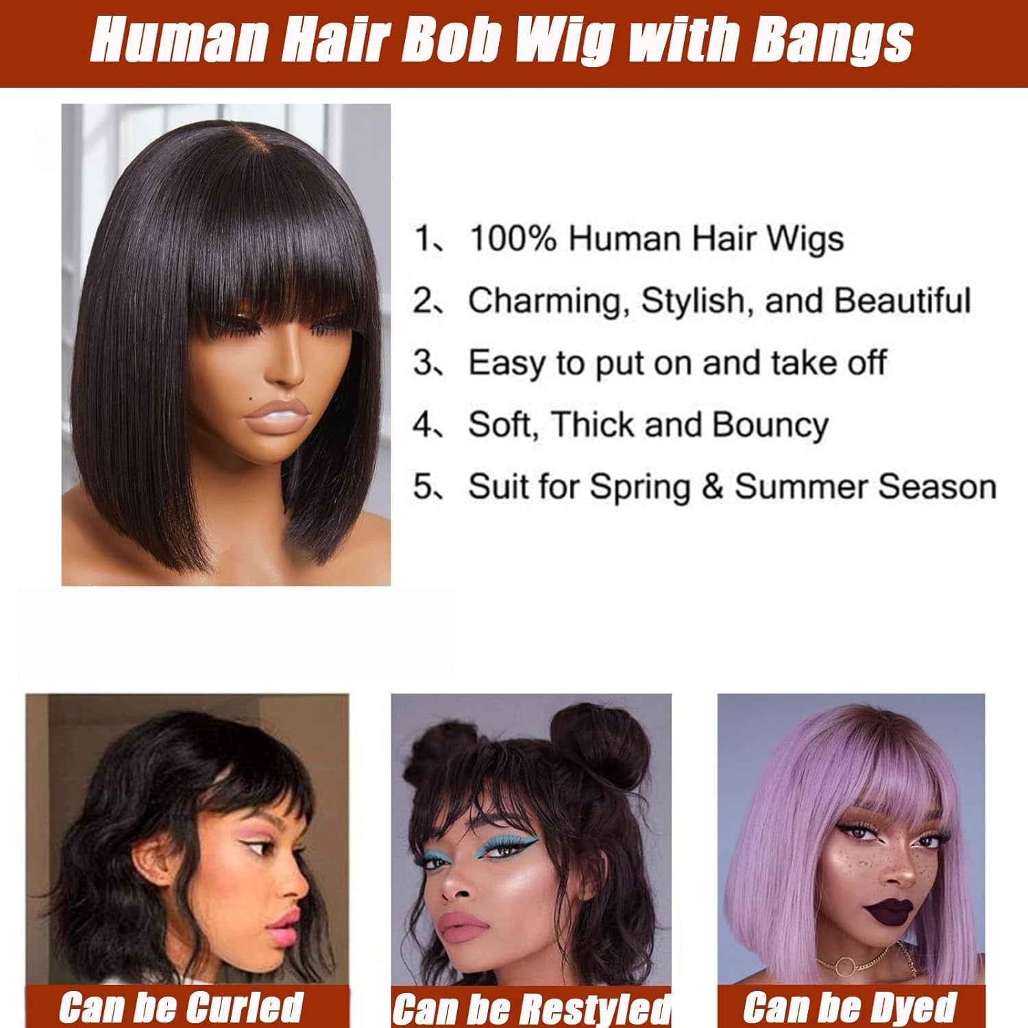 Bob Wig Human Hair with Bangs Short Black Bob Wigs for Women Human Hair Brazilian Virgin Straight Hair Bob Wigs with Bangs Natural Color