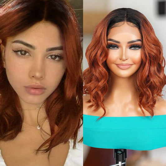 Medium Wavy Deep Wave Bob Wigs 12 Inch Middle Center Part Soft Swiss Lace Front Bob Wig for Black Women Wavy Curly Wig Heat Resistant Synthetic Wigs DPL008 (OTCOPPER)