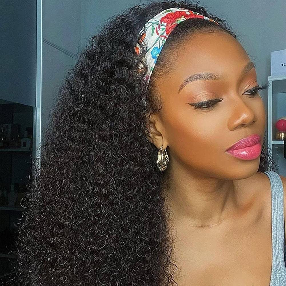 Glueless Wigs Human Hair Curly Headband Wig for Black Women (20 Inch) Brazilian Remy Hair Curly None Lace Front Wigs Human Hair Scarf No Gel Wigs