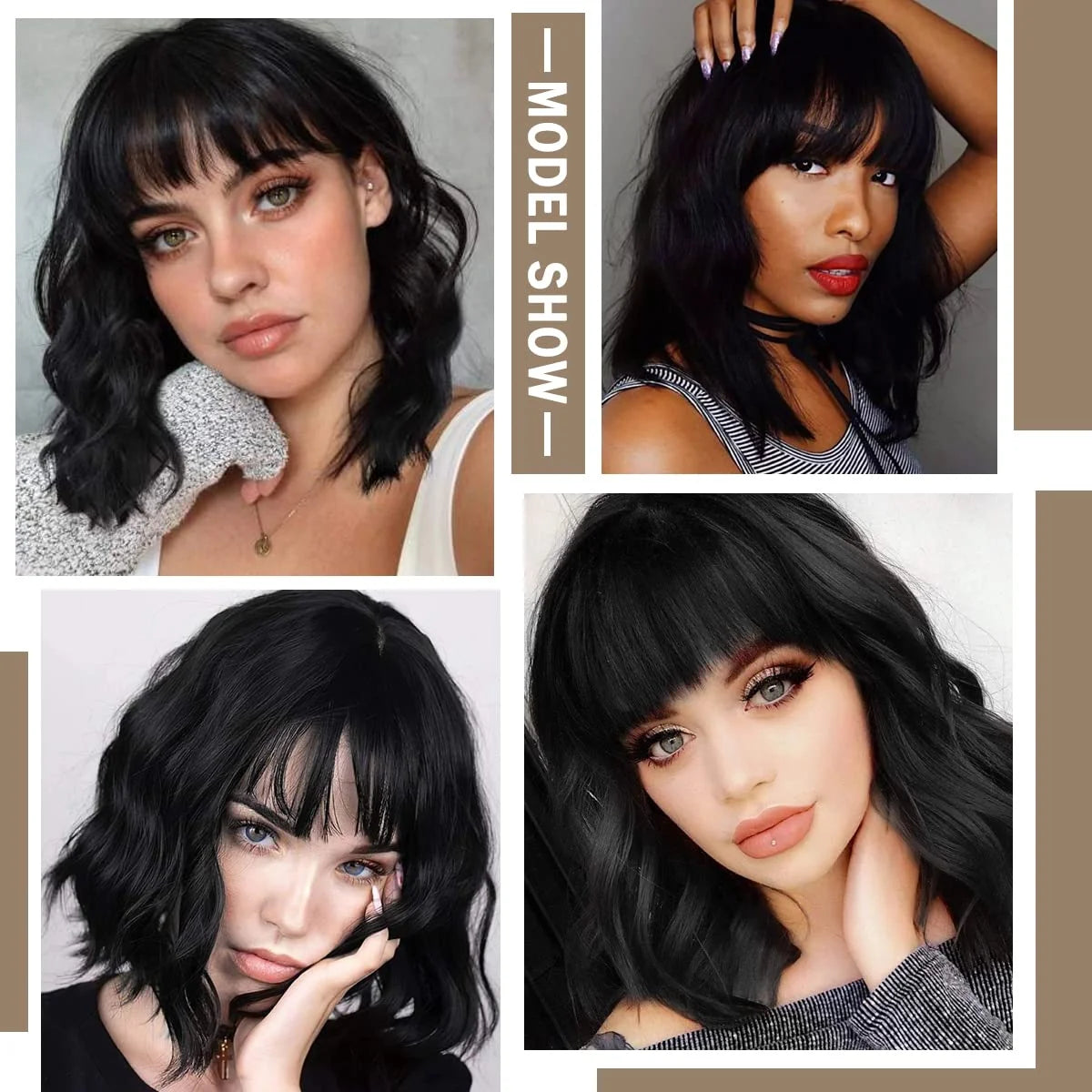 12" Short Bob Wigs for Black Women Water Wavy Wig Synthetic Black Wig with Bangs