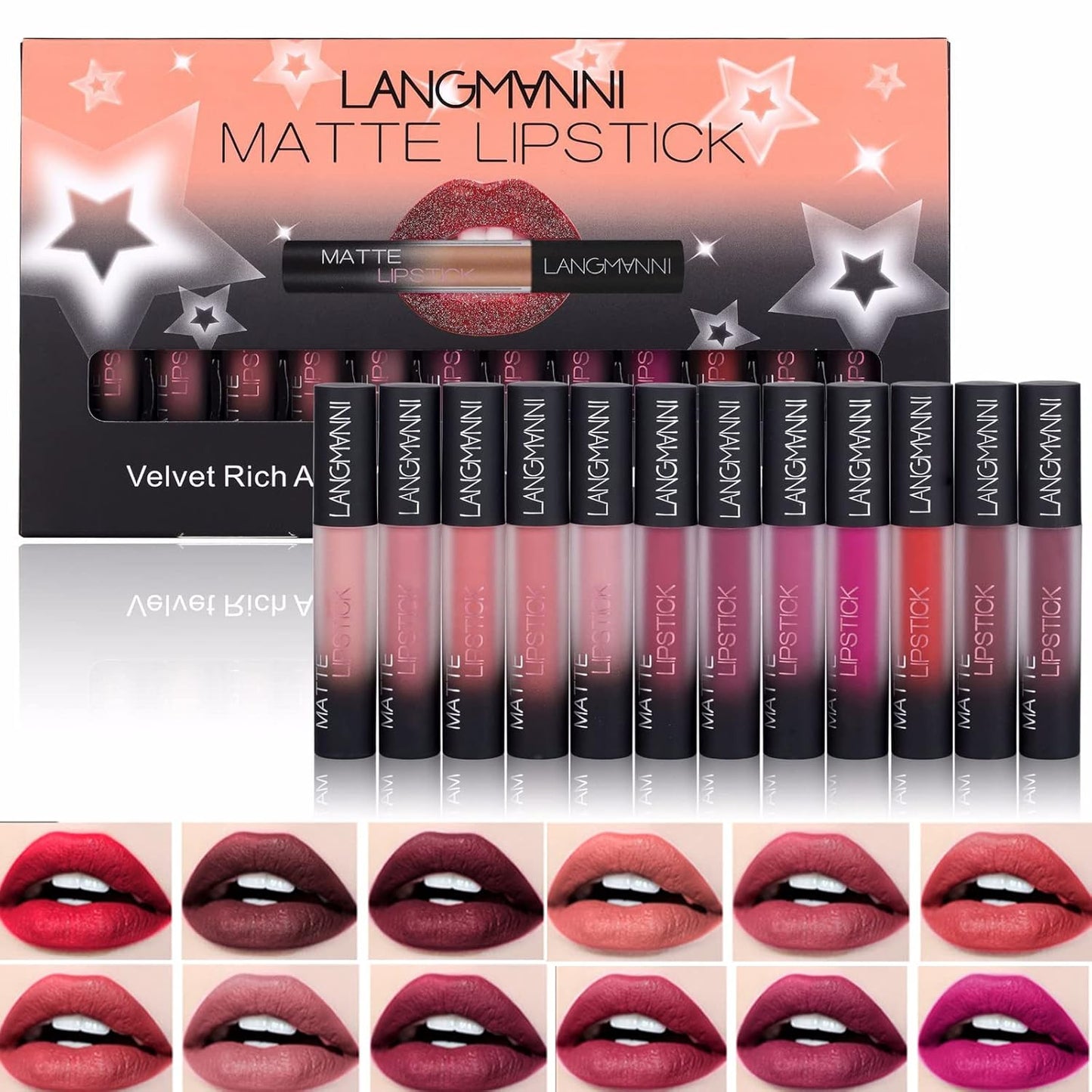 Matte Lip Gloss, 12 Colors Lift Lip Glosses, Velvet Matte Lipstick - Waterproof, Long Lasting, Full Cover, High Pigment - Perfect Makeup Gift for Women - D