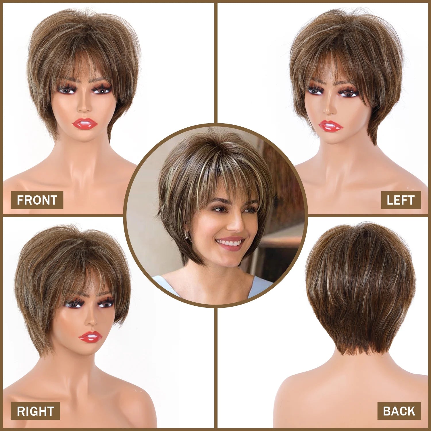 Short Brown Pixie Cut Wigs for Women with Bangs Highlight Blonde Synthetic Short Hair Wig