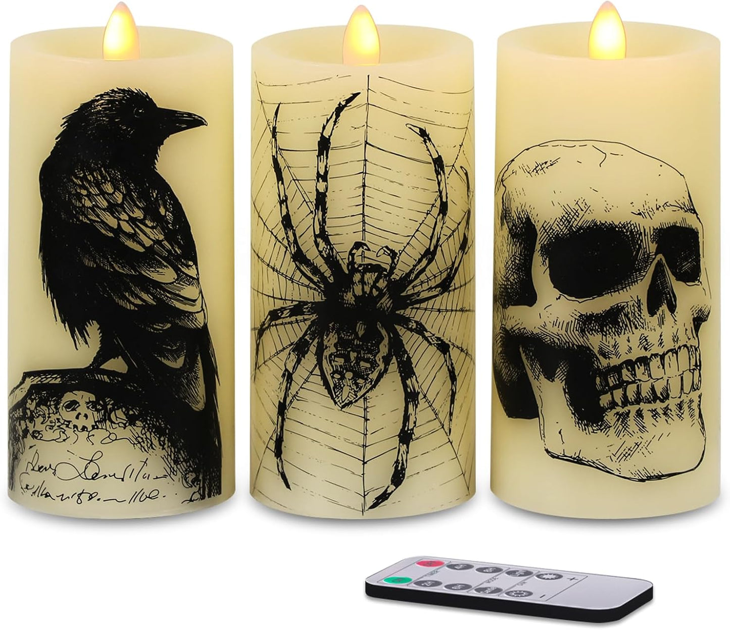 Halloween Flameless Candles, LED Flickering Battery Pillar Candles with 6H Timer and Pumpkin Decals, Spooky Fall Halloween Festival Party Decoration Set of 3 (D 3” X H 4” 5” 6”)