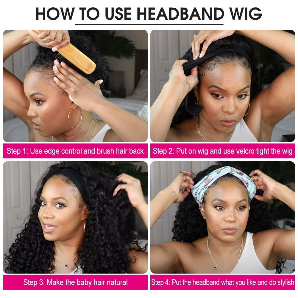 Glueless Wigs Human Hair Curly Headband Wig for Black Women (20 Inch) Brazilian Remy Hair Curly None Lace Front Wigs Human Hair Scarf No Gel Wigs