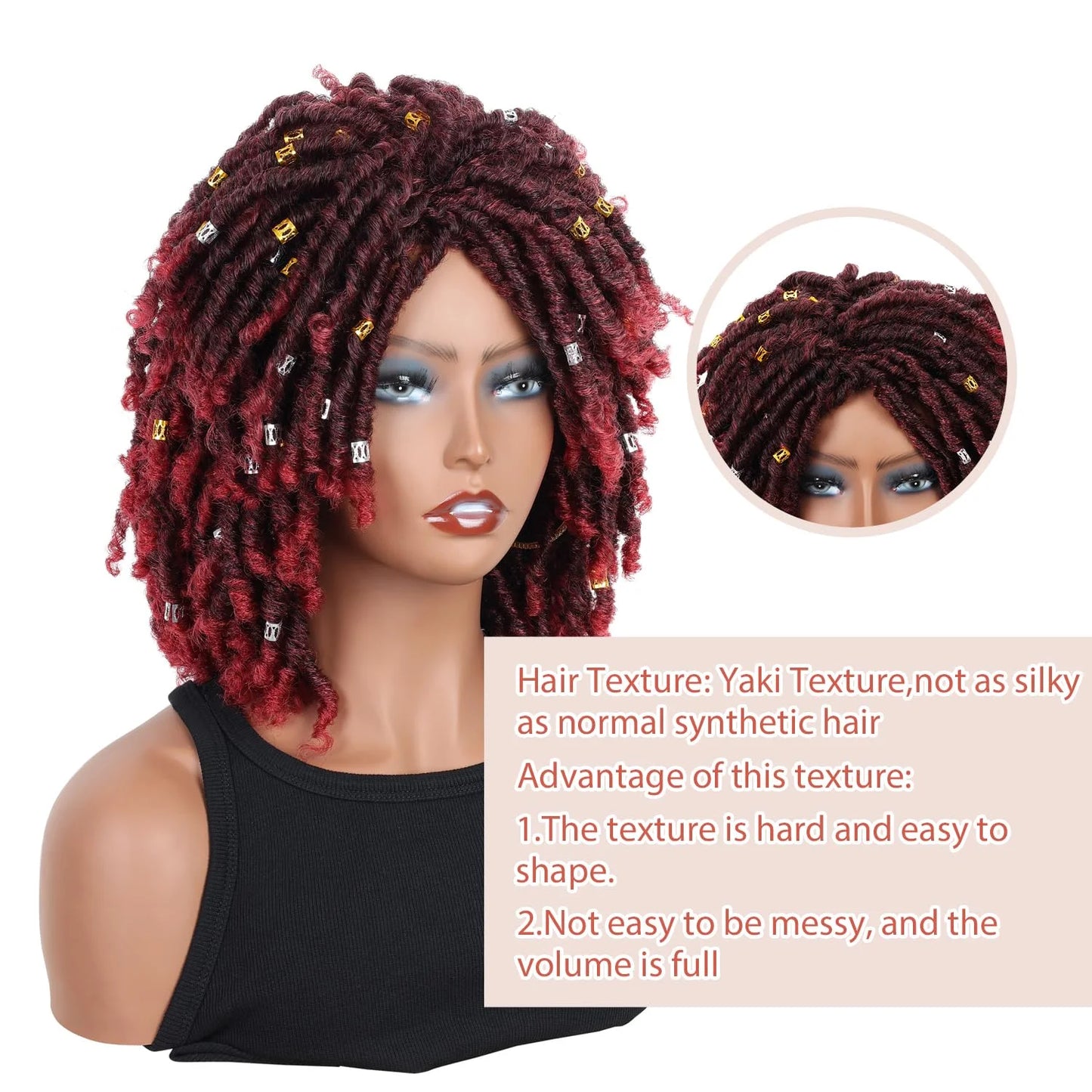 Dreadlock Wig for Black Women Braided Wigs Short Curly Braid Wig Twist Wig Synthetic Red Curly Wigs for Women(Black Mix Burgundy)