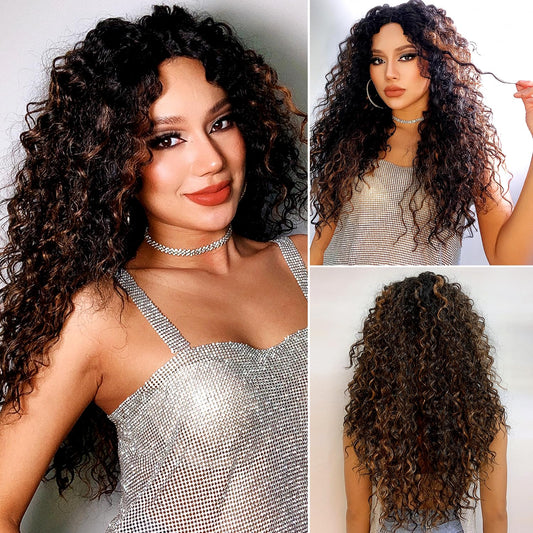 Synthetic Heat Resistant Wavy Wig for Women, 26 Inch Long Body Wavy, Brown with Blonde Highlights, Glueless Lace Front Wig
