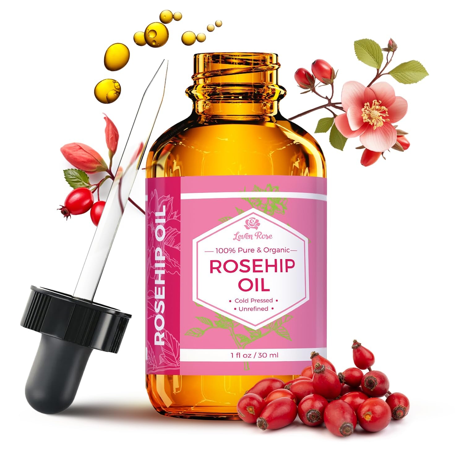 Rosehip Seed Oil for Face 4 Oz - Pure Rosehip Oil for Face - Unrefined Cold Pressed Rosehip Oil for Body - Nighttime Face Moisturizer for Hair, Skin & Nails