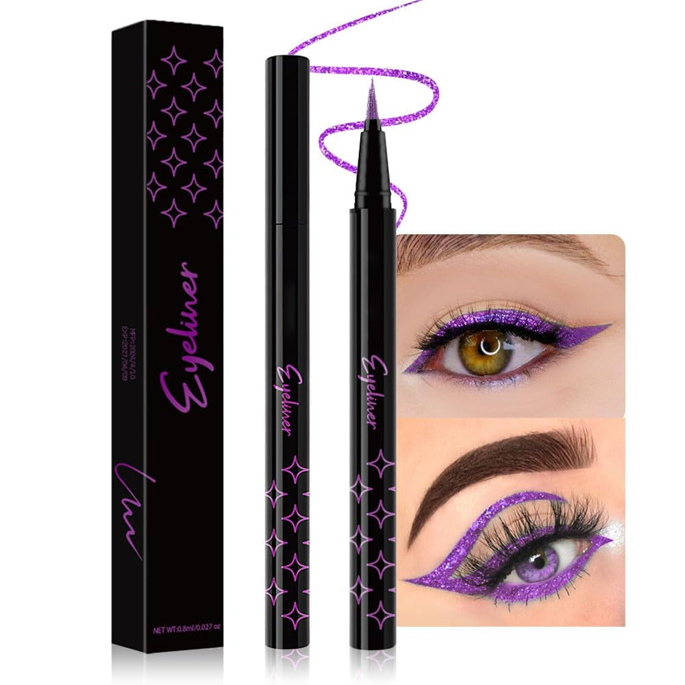 2Pcs Royal Blue & Purple Glitter Colored Liquid Eyeliner Eye Shadow Makeup Pencil Set, Purple Blue Face Body Glitter Makeup Fake Eyelashes Mascara, Sparkle Metallic Shimmer Eyeliner Waterproof