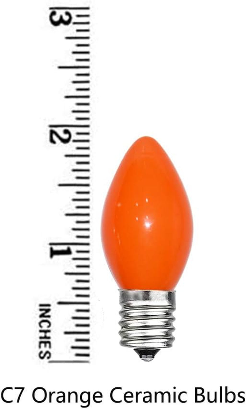 25 Pack C7 Halloween Replacement Light Bulbs, Orange Ceramic Christmas Lights for Halloween Outdoor Patio Indoor Xmas String Lights, C7/E12 Candelabra Base, 5 Watt, Orange