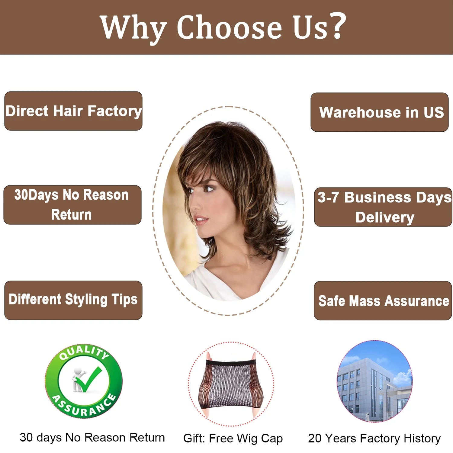 Short Brown Wig for Women Mullet Highlight Blonde Curly Synthetic Wigs