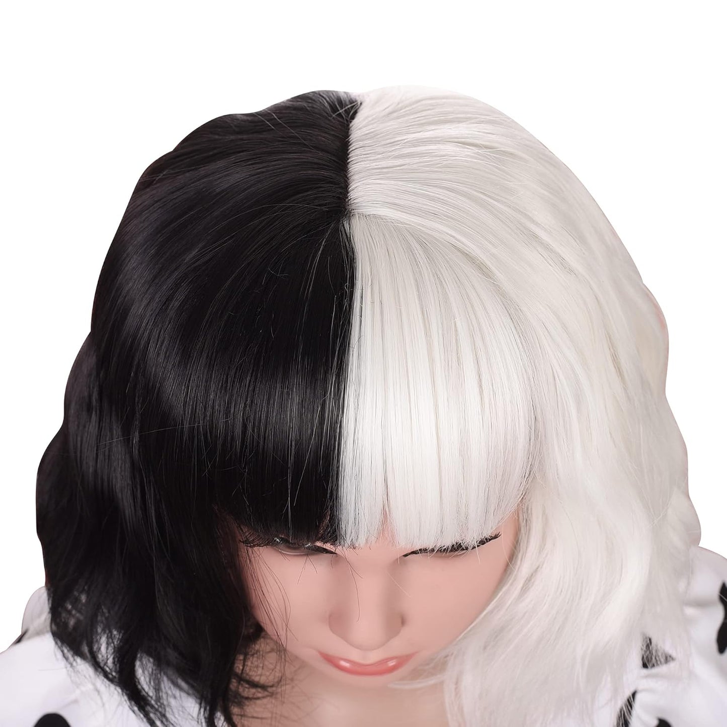 3+ Years Kids Black and White Wig with Necklace for Cosplay Costume Short Wavy Bob Synthetic Wigs with Bangs for Girls Children Halloween Party