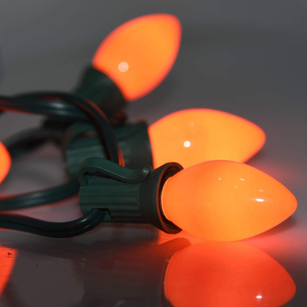 25 Pack C7 Halloween Replacement Light Bulbs, Orange Ceramic Christmas Lights for Halloween Outdoor Patio Indoor Xmas String Lights, C7/E12 Candelabra Base, 5 Watt, Orange