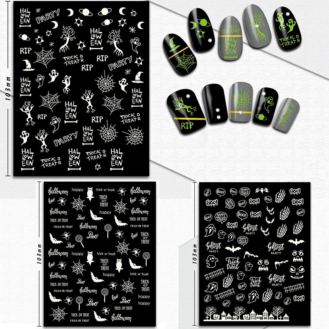 9 Sheets Halloween Nail Stickers Glow in the Dark, Fluorescent Design Nail Decals, Self-Adhesive DIY Nail Art Tips for Women Manicure