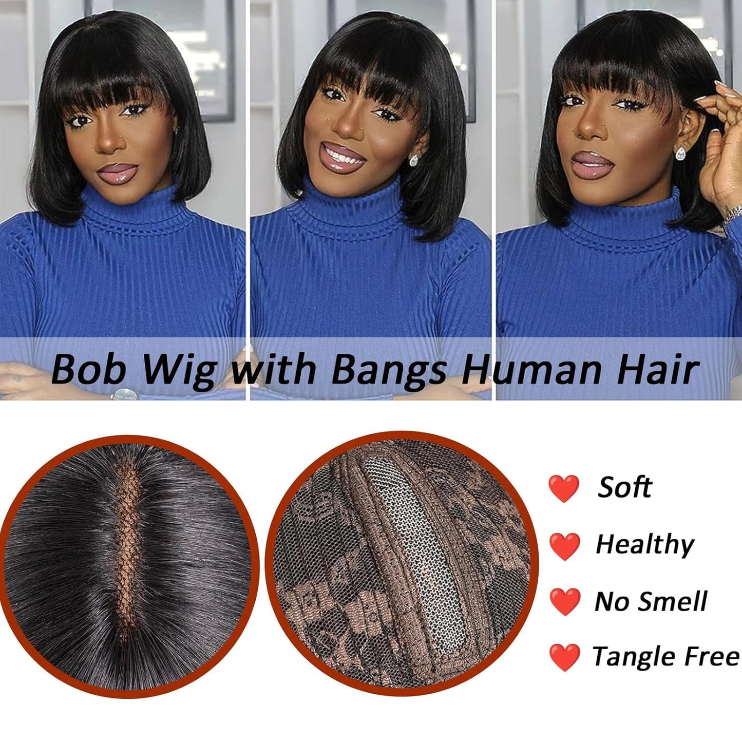 Bob Wig Human Hair with Bangs Short Black Bob Wigs for Women Human Hair Brazilian Virgin Straight Hair Bob Wigs with Bangs Natural Color