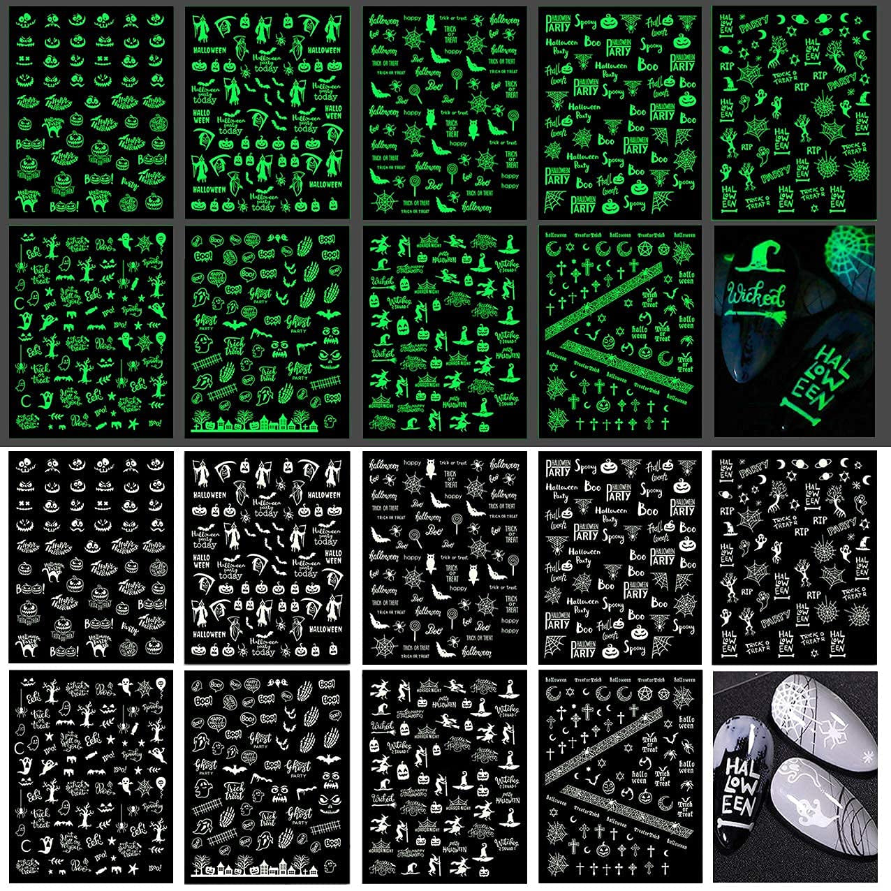 9 Sheets Halloween Nail Stickers Glow in the Dark, Fluorescent Design Nail Decals, Self-Adhesive DIY Nail Art Tips for Women Manicure