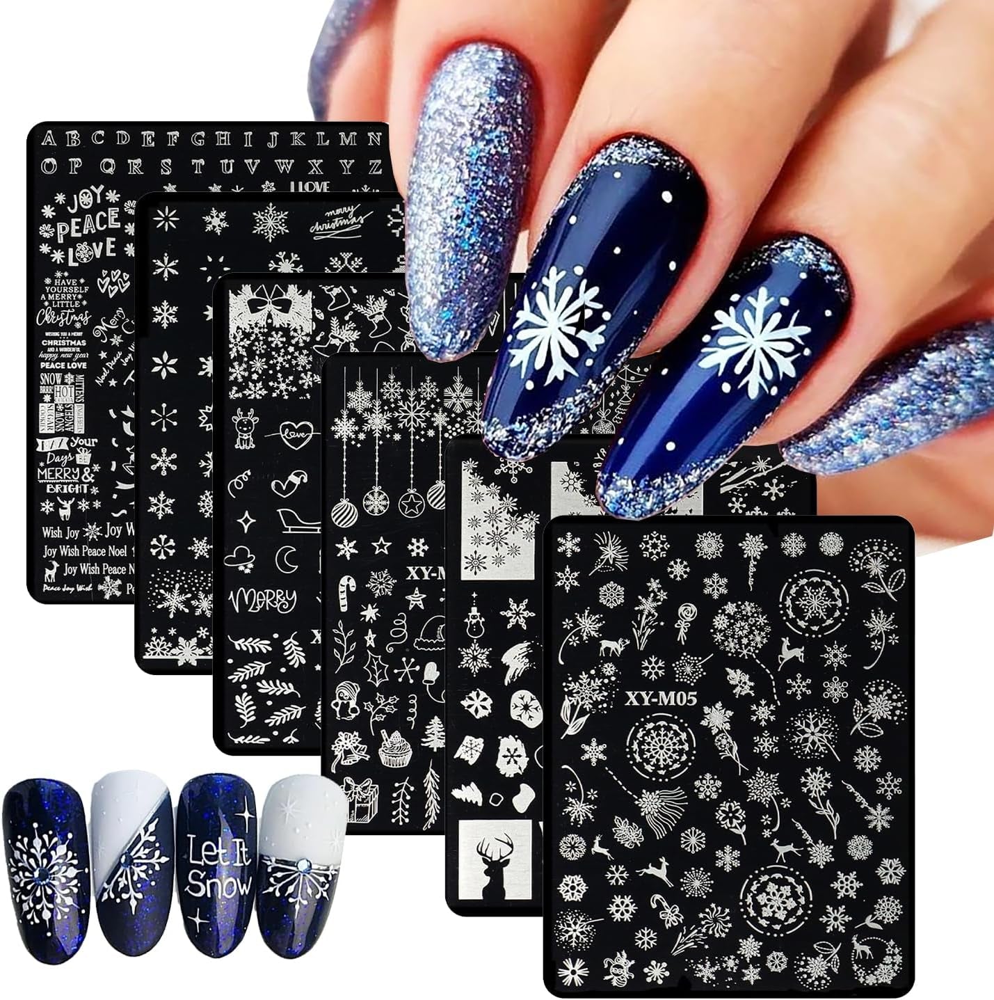 6Pcs Christmas Stamping Plates Set Winter Nail Stamp Kit Xmas Art Image Plates with Snowflakes Tree Bell Snowman Elk Designs DIY Stainless Steel Polish Template