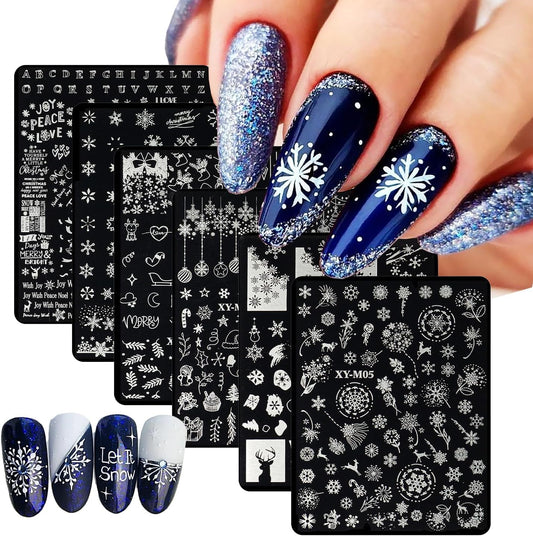 6Pcs Christmas Stamping Plates Set Winter Nail Stamp Kit Xmas Art Image Plates with Snowflakes Tree Bell Snowman Elk Designs DIY Stainless Steel Polish Template