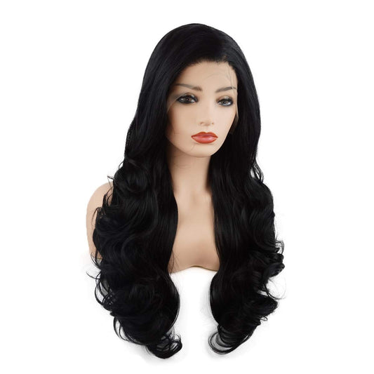 Hair Wavy Long 26Inch Black Half Hand Tied Heavy Density Realistic Synthetic Lace Front Wigs