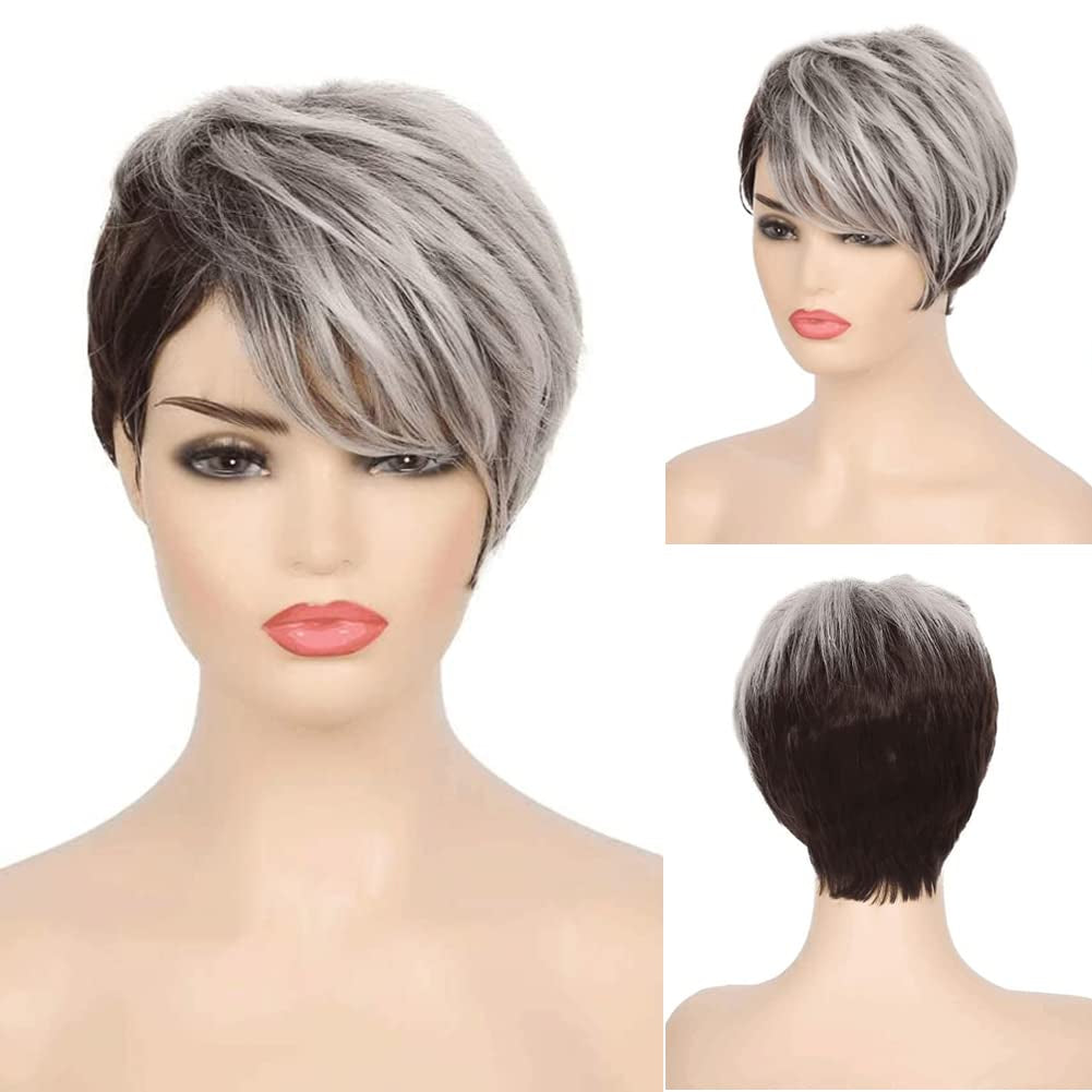 Short White Wigs for Women Pixie Cut Wig with Bangs Synthetic Hair Halloween Daily Party Wig(Silver White)