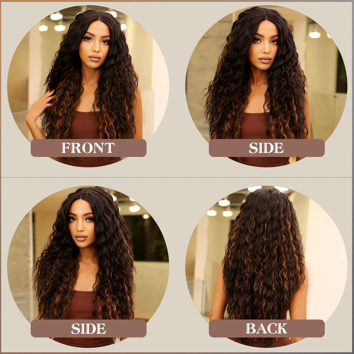 Synthetic Heat Resistant Wavy Wig for Women, 26 Inch Long Body Wavy, Brown with Blonde Highlights, Glueless Lace Front Wig