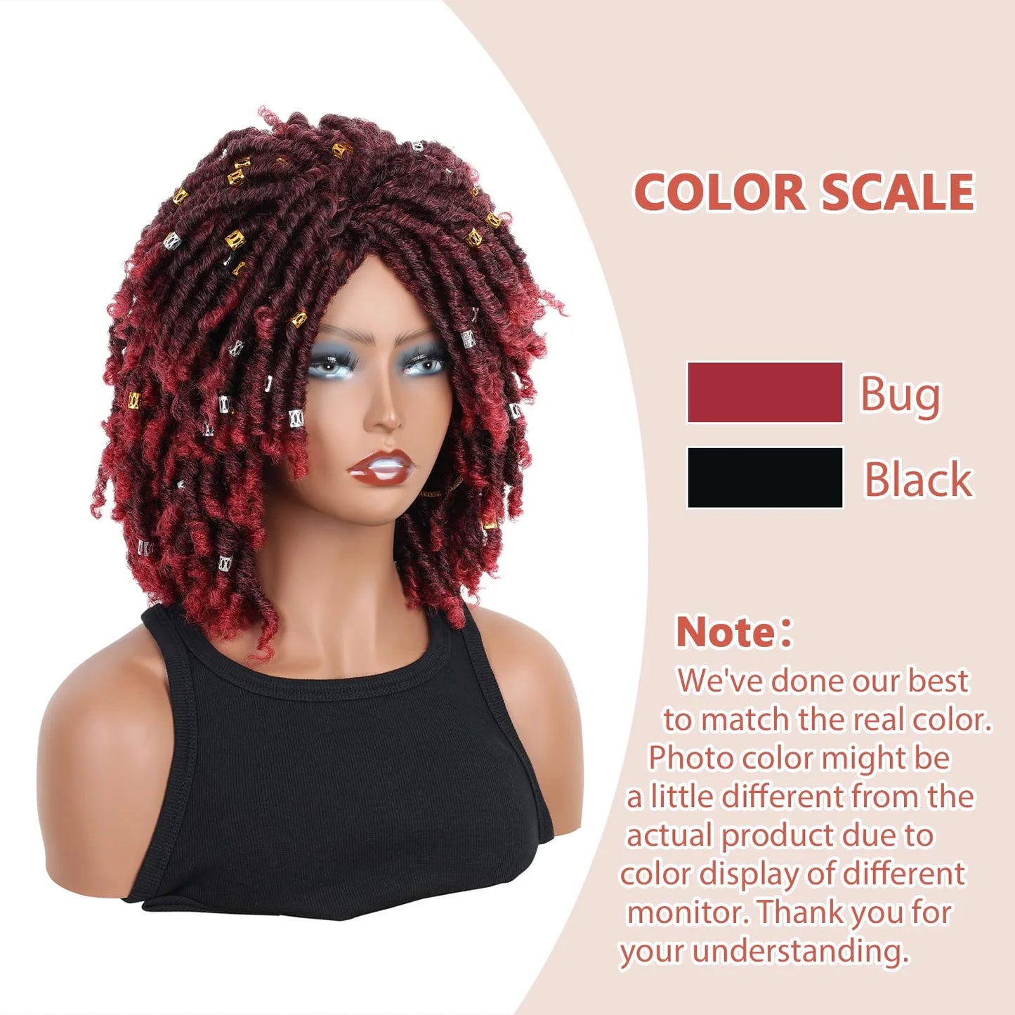 Dreadlock Wig for Black Women Braided Wigs Short Curly Braid Wig Twist Wig Synthetic Red Curly Wigs for Women(Black Mix Burgundy)