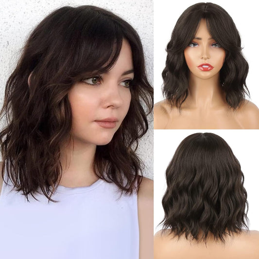 Dark Brown Wavy Bob Wig Natural Brown Curly Bob Wig with Curtain Bangs for Black Women,Synthetic Short Curly with Bangs Wavy Shoulder Length Hair for Daily Use 4#