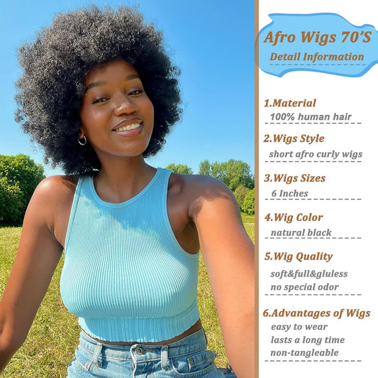 Afro Wig 70S Human Hair for Women(6 Inch) Gluless Short Afro Kinky Curly Wigs with Bangs for Black Women,200 Density Big Afro Puff Wig for Daily Use