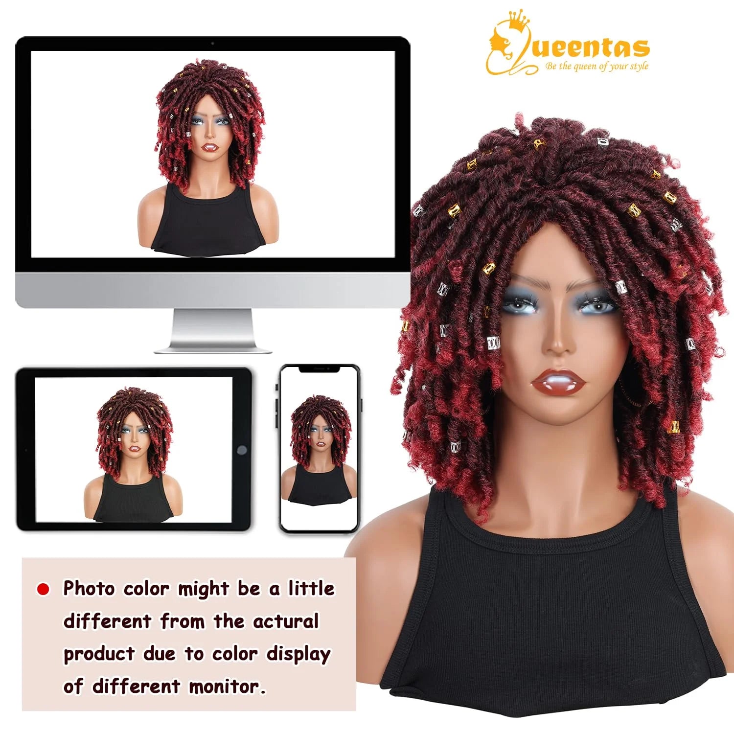 Dreadlock Wig for Black Women Braided Wigs Short Curly Braid Wig Twist Wig Synthetic Red Curly Wigs for Women(Black Mix Burgundy)