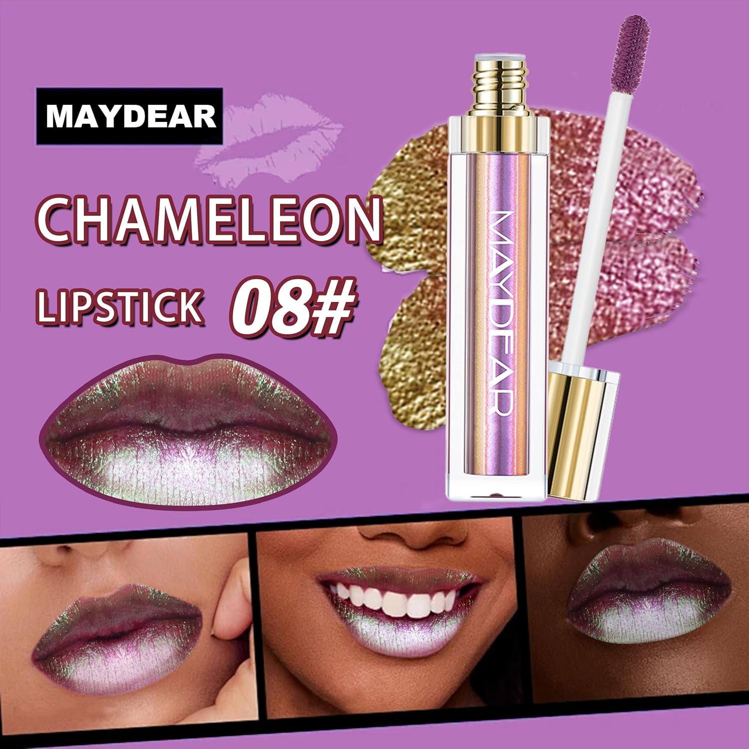 Chameleon Lipstick – Metallic Multichrome Lipstick, Long-Lasting, Fuchsia Green (08)