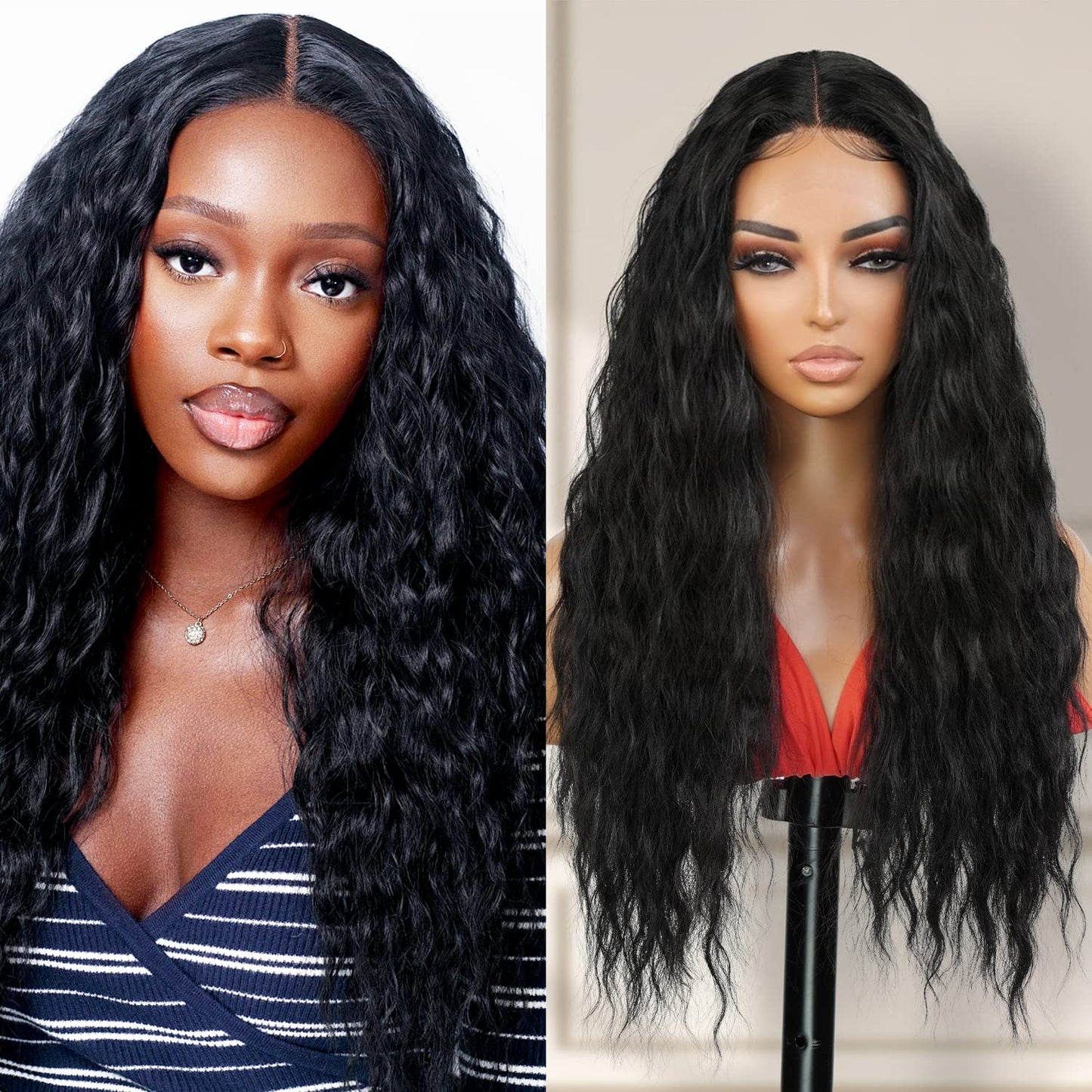 26 Inch Long Wavy Loose Deep Wave Swiss Lace Front Wig Middle Center Part Realistic Hairline for Black Women Heat Resistant Synthetic Wig DPL004 (1B-Off Black)