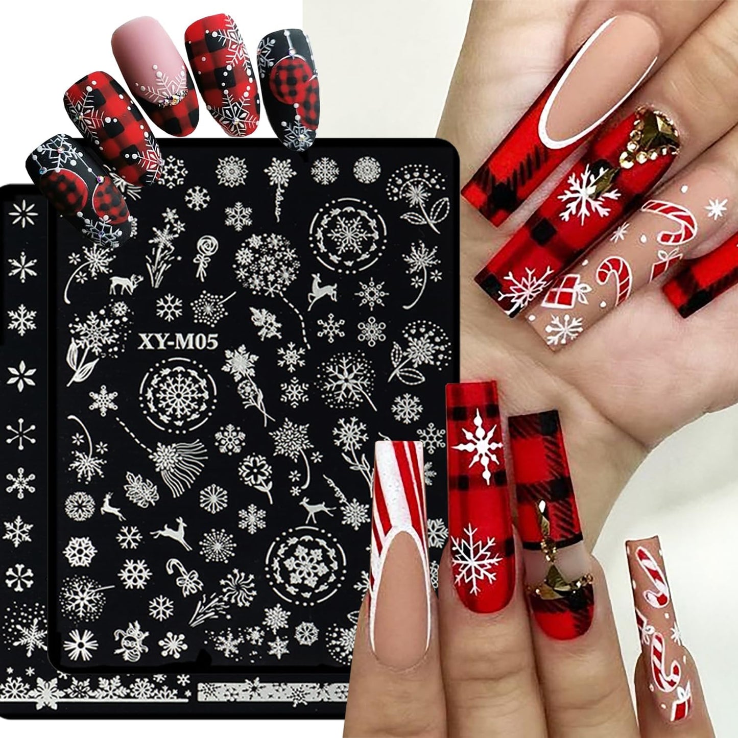 6Pcs Christmas Stamping Plates Set Winter Nail Stamp Kit Xmas Art Image Plates with Snowflakes Tree Bell Snowman Elk Designs DIY Stainless Steel Polish Template